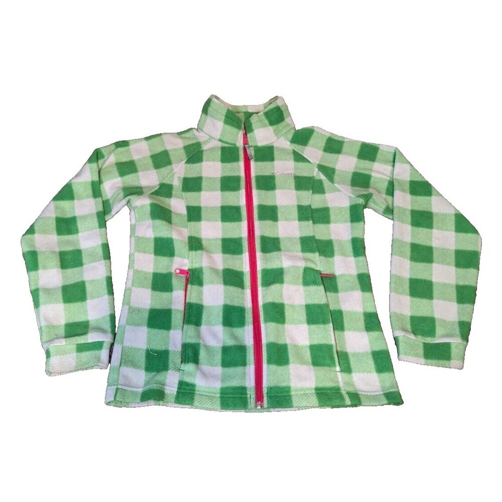 Columbia Youth Green Checkered Fleece w/Pink Zippers Jacket Size 14/16